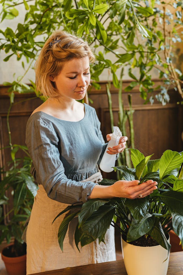 Young woman caring for houseplants using a spray bottle, promoting plant growth indoors.